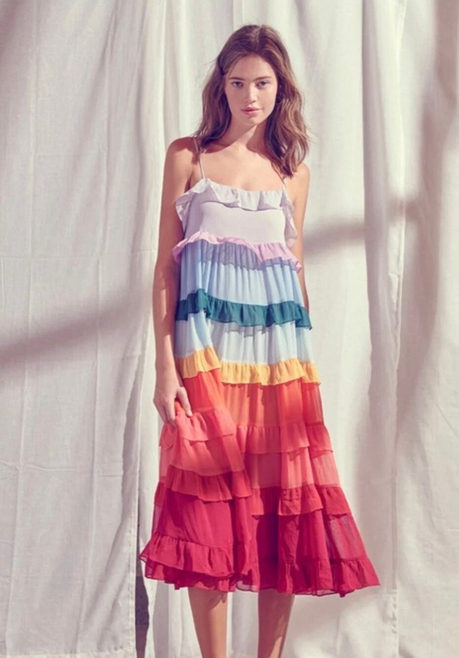 STORIA Rainbow Tiered Ruffle Dress Boho Festival Eclectic Whimsical Size L